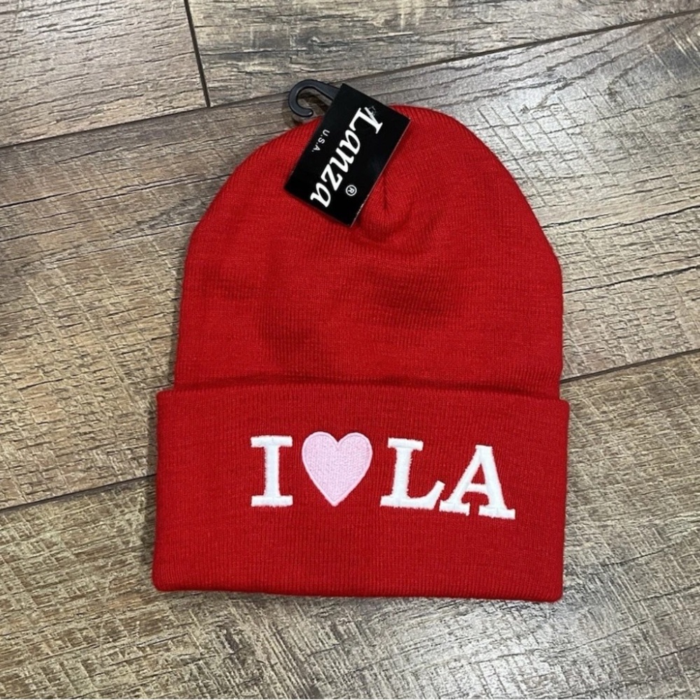 NWT Vintage Y2k I‎ ❤️ LA Embroidered Beanie Hat Red One Size - Los Angeles, 90s